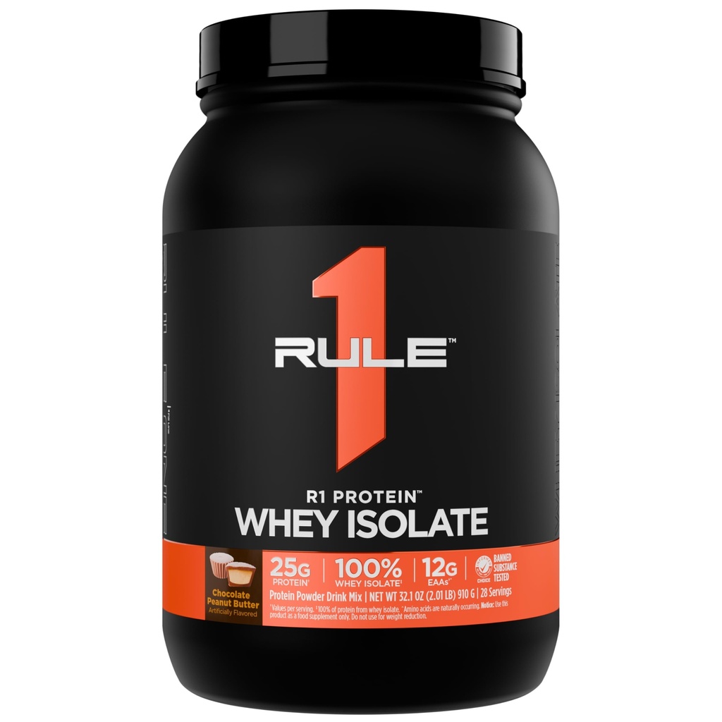 Artikel 1 R1 Proteïne Wei-isolaat - met 25 g eiwit en 6 g BCAA uitsluitend afkomstig van geïsoleerde en gehydrolyseerde bronnen voor het herstellen van trainingen (2 pond*, chocolade-pindaboter)