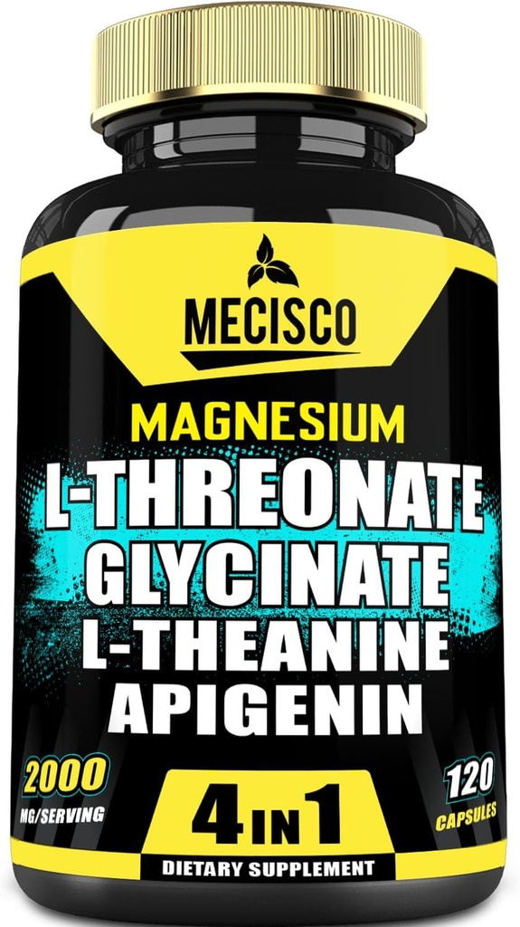 2000mg Magnesium L Threonate Supplement met Magnesium Glycinate, L-Theanine & Apigenine - Positieve Mood, Hersengezondheid, vermogen om te onthouden & Spiergroei Ondersteuning - 120 Capsules