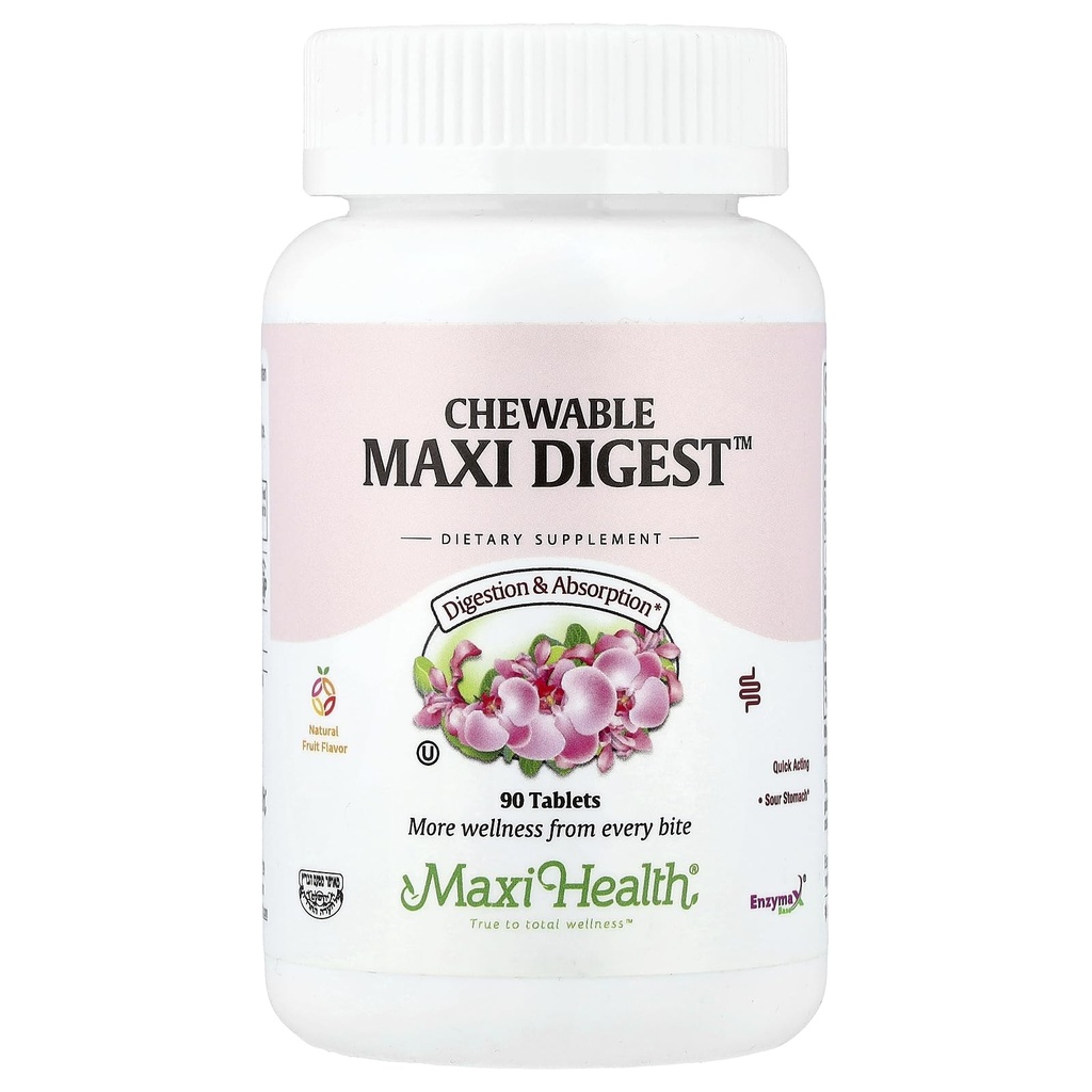 Maxi Health Kauwbare Digest - Natuurlijke spijsverteringsenzymen met bromelaïne en calcium- Quick-Activeren - 90 Kauwtabletten - Kosher - Ondersteunt gezonde spijsvertering en Joint Comfort voor mannen en vrouwen
