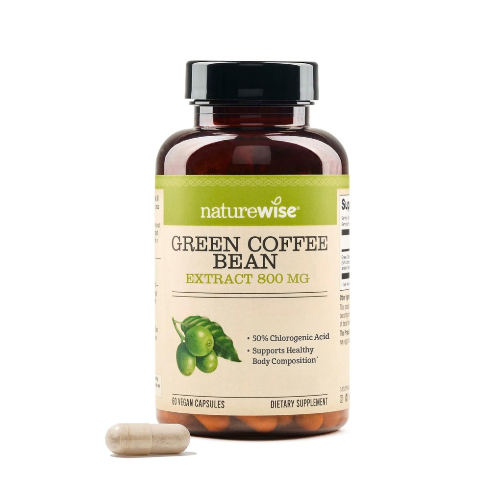 NatureWise Green Coffee Bean Extract 800mg - with 50% Chlorogene Acids - Support for Weight Goals, Energy, and Antioxidants - Vegan, Non-GMO - 60 Capsules[1-Maande Levering]