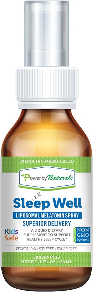 Power By Naturals - Slaapwel - Liposomale Melatonine Spray - 3 Milligrammen van Melatonine voor kinderen en volwassenen, 30 porties