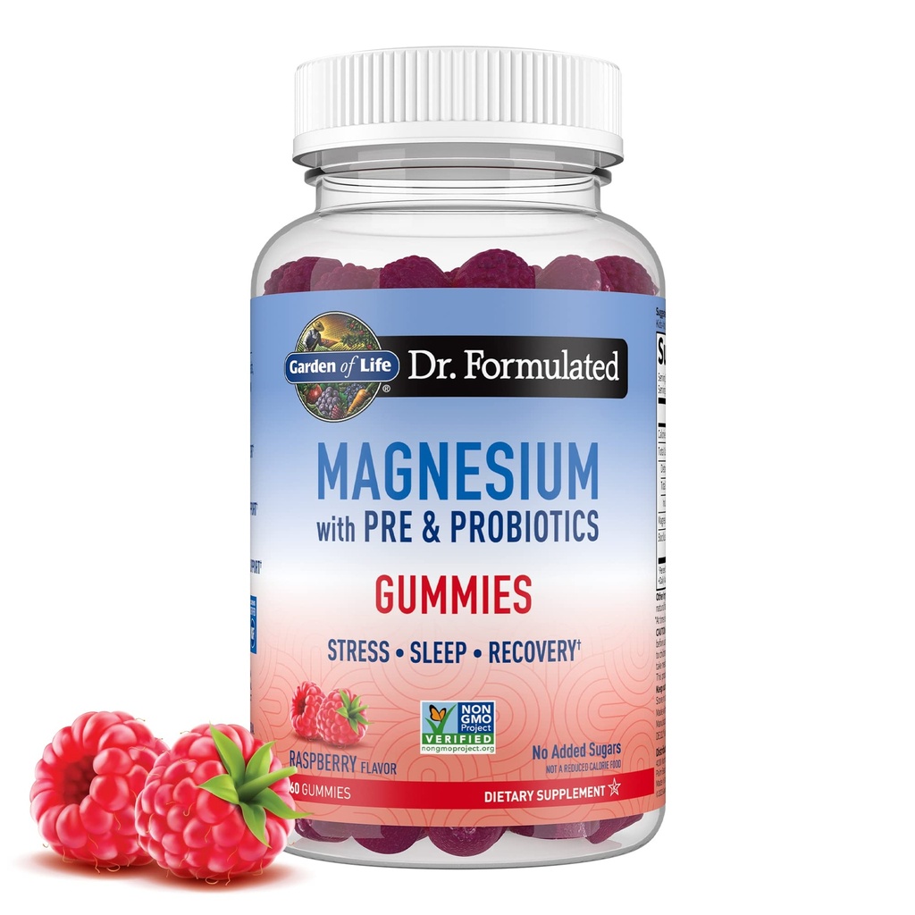 Tuin van het leven Magnesium Citrate Supplement Gummies met Prebiotica & Probiotica voor Stress, Slaap & Recovery - Veganistisch, Glutenvrij, Kosher, Niet-GMO, Geen toegevoegde suiker, Framboos smaak, 60 Tellen