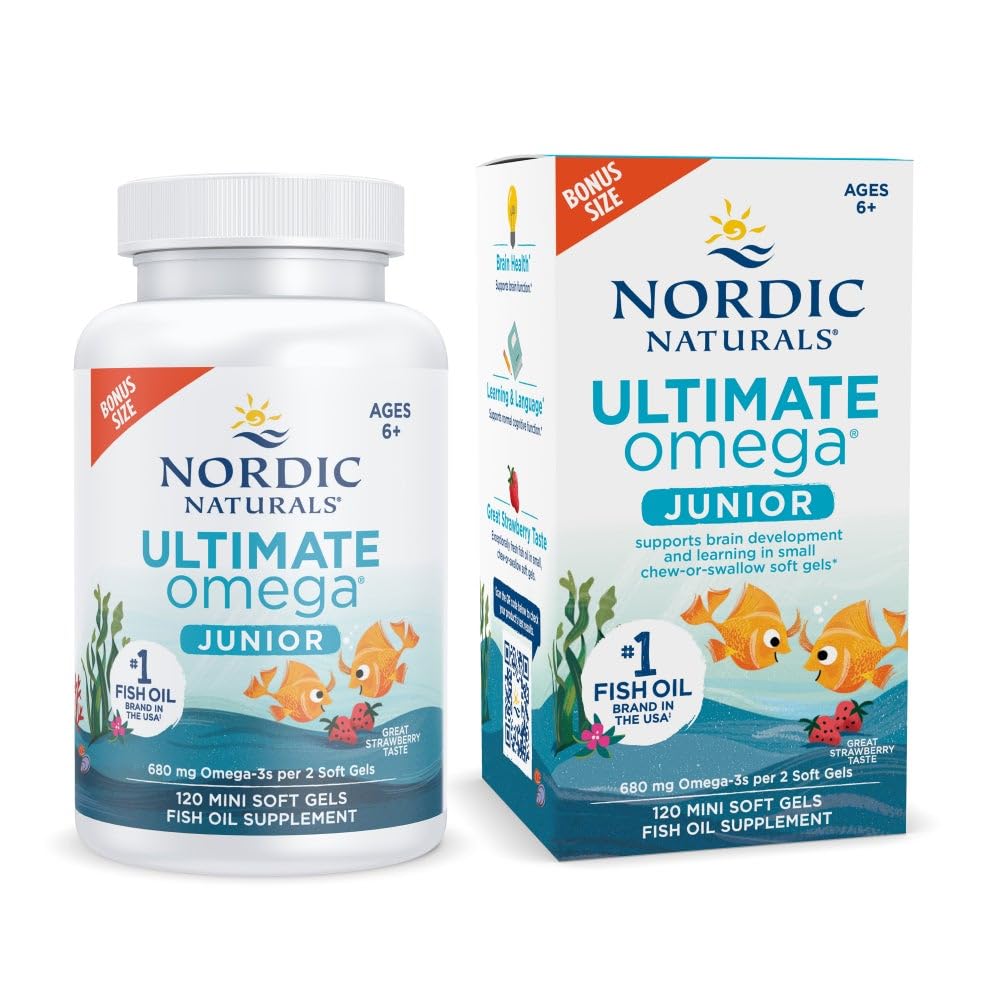Nordic Naturals Ultimate Omega Jr., Aardbei - 120 Mini Zachte Gels - 680 Totaal Omega-3s met EPA & DHA - Brain Health, Mood, Learning - Non-GMO - 60 Servers