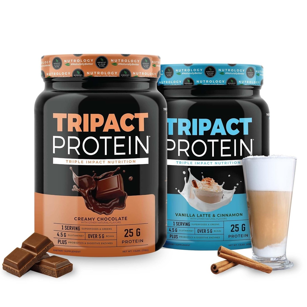 Nutrology TRIPACT Proteïne - Premium Nutrition Shake - Non-GMO Grass Fed Whey Protein,Plant Proteins,Green,Superfoods & Probiotics - 5g BCAAs - Romige Chocolade & VanillaLatte w/Cinnamon 1.5lb Elk
