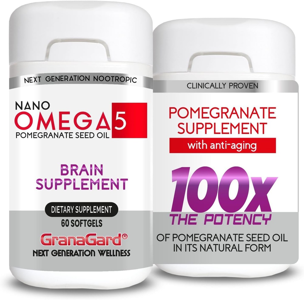 Nano Granaatappel Supplement KLINISCH Proven (2-maand levering) Hersensupplementen met Anti Veroudering, Geheugen pillen, Omega 5 Granaatappel Supplement, 2 flessen 60ct Elke