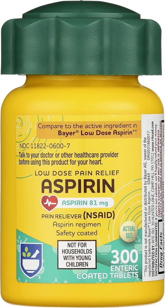 Rite Aid Aspirine Enteric Tablets, 81 mg Aspirine - 300 Tel, Low Dose Pain Relief, Aspirine voor Hoofdpijn Relief, Enteric Safety Coated Tablets, Aspirine Regimen, Migraine Medicine, Pijnverlichting