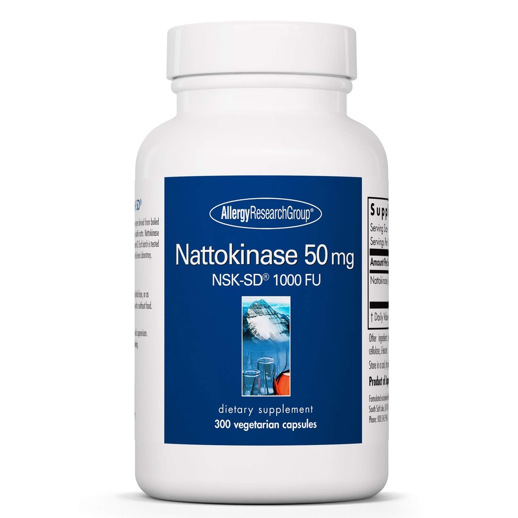Allergie Research Group Nattokinase 50mg Supplement - NSK-SD 1000 FU, Cardiovasculaire Ondersteuning, Circulatoire Gezondheid, Vegetarische Capsules - 300 Tel.
