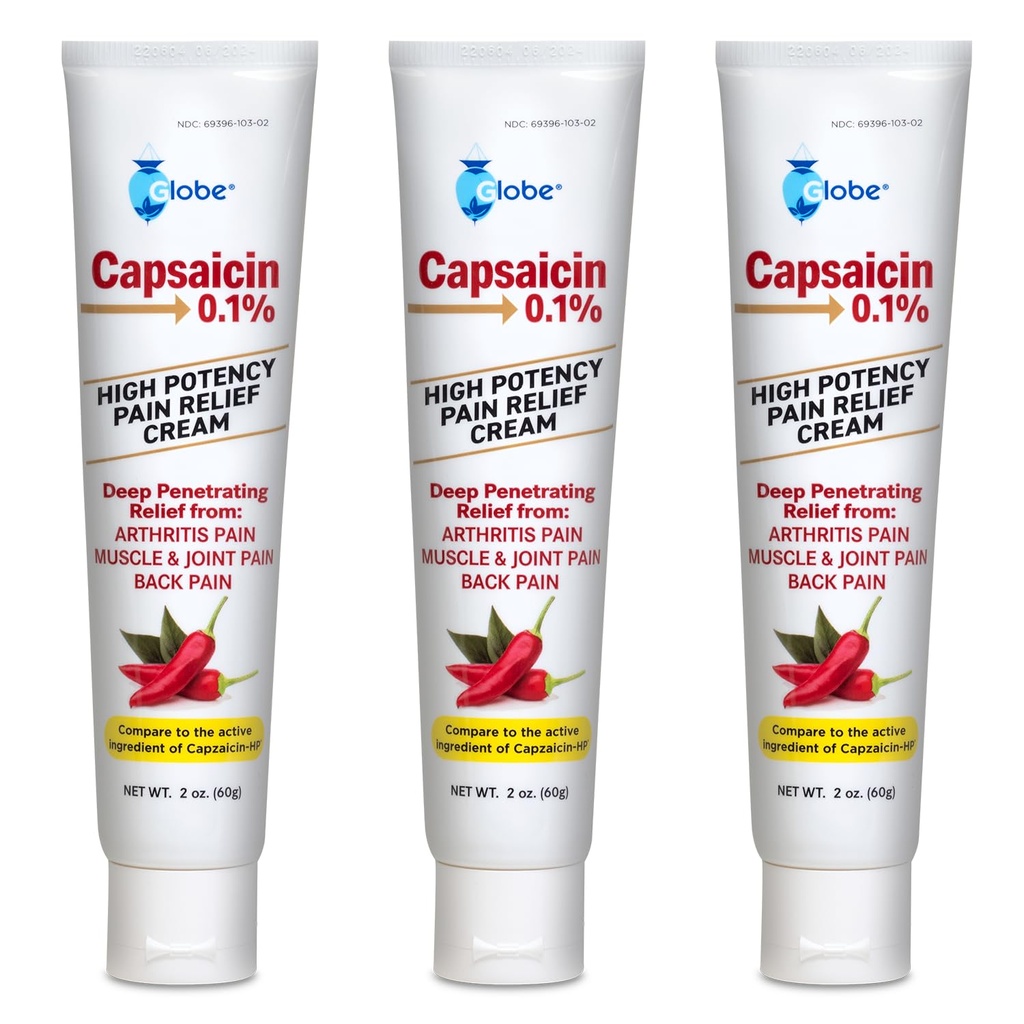 Globe (3 Pack) Capsaïcine 0,1% Hoge potentie pijn verlichting crème, ongeparfumeerd (2 oz) diepe penetrerende verlichting van: Artritis, spier, gewrichts- en rugpijn