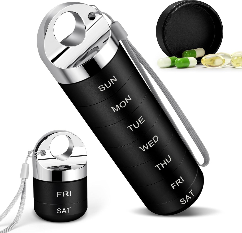 TaroKitc Metaal Wekelijkse pil Organisator, Stijlvolle Aluminium Legering Travel Pill Box, Draagbare Waterdichte Dagelijkse Pill Case, 7 dagen medicijnhouder met grote compartiment voor vitamine, visolie, supplement(Zwart)
