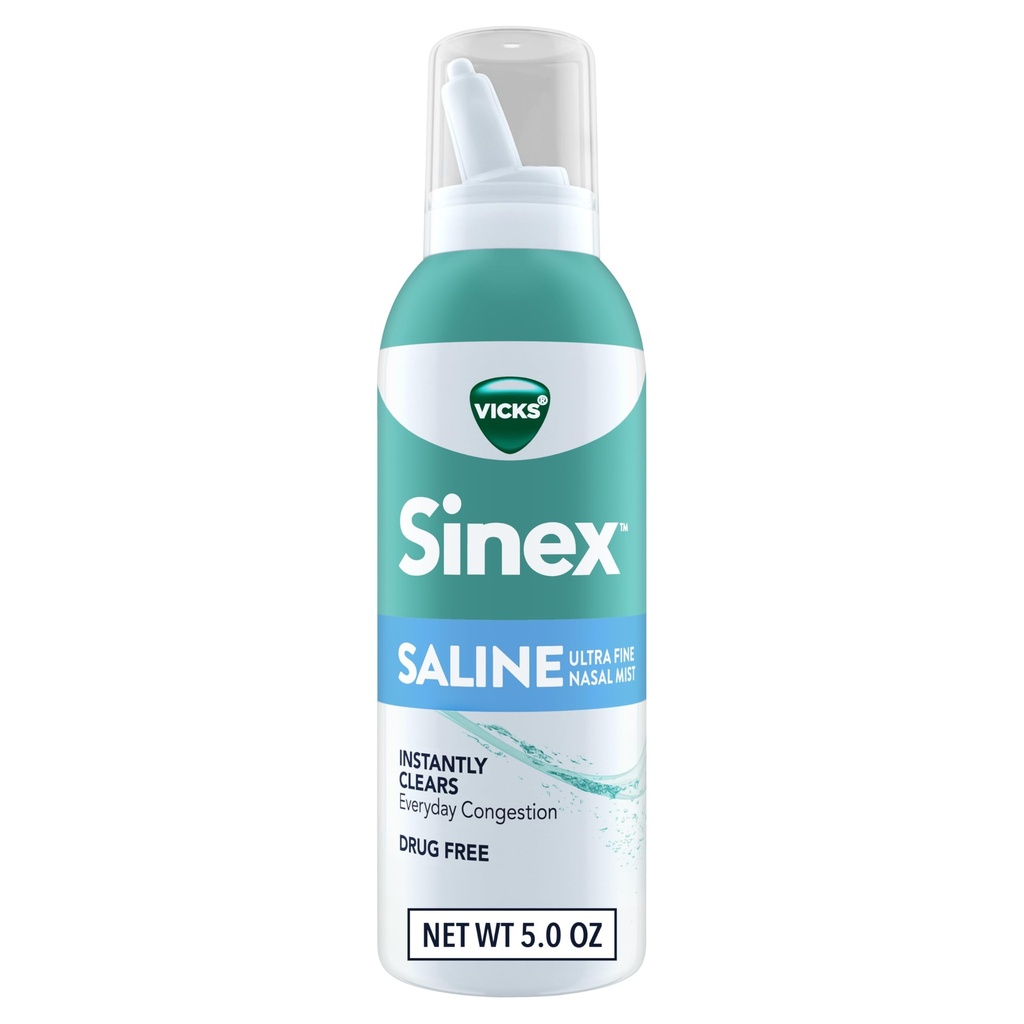 Vicks Sinex Saline Neusspray, Drugvrij Ultra Fine Mist, Clear Everyday Sinus Congestie Snel, Duidelijk Slijm van een koude of Allergie, Dagelijks gebruik 5.0 fl oz