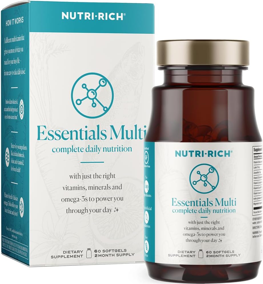 Nutri-Rijke Essentials Multi-Multivitamine met Visolie Omega-3 voor mannen en vrouwen, Ondersteunt Energie, Immune Health, Vitamine A, C, D3, E, K2, en Zink, Non-GMO, Glutenvrij (60 Tel.)