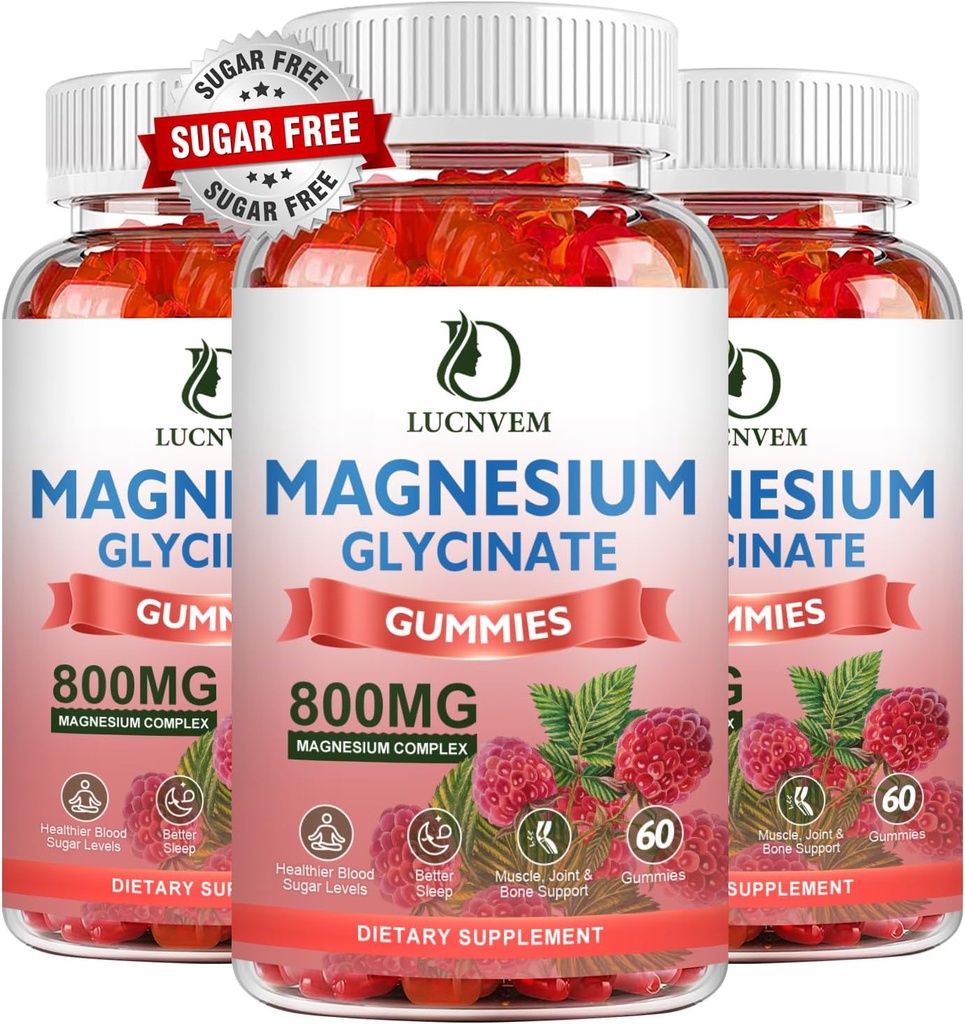 Suikervrij Magnesium Glycinate Gummies, 500mg Magnesium Glycinate met 200mg Magnesium Malate, Taurate, Oxide, COQ10, Vitamine B6 en D3, Ontspannen, Kalm Mood, 60 Raspberry Gummies(3 Pack)
