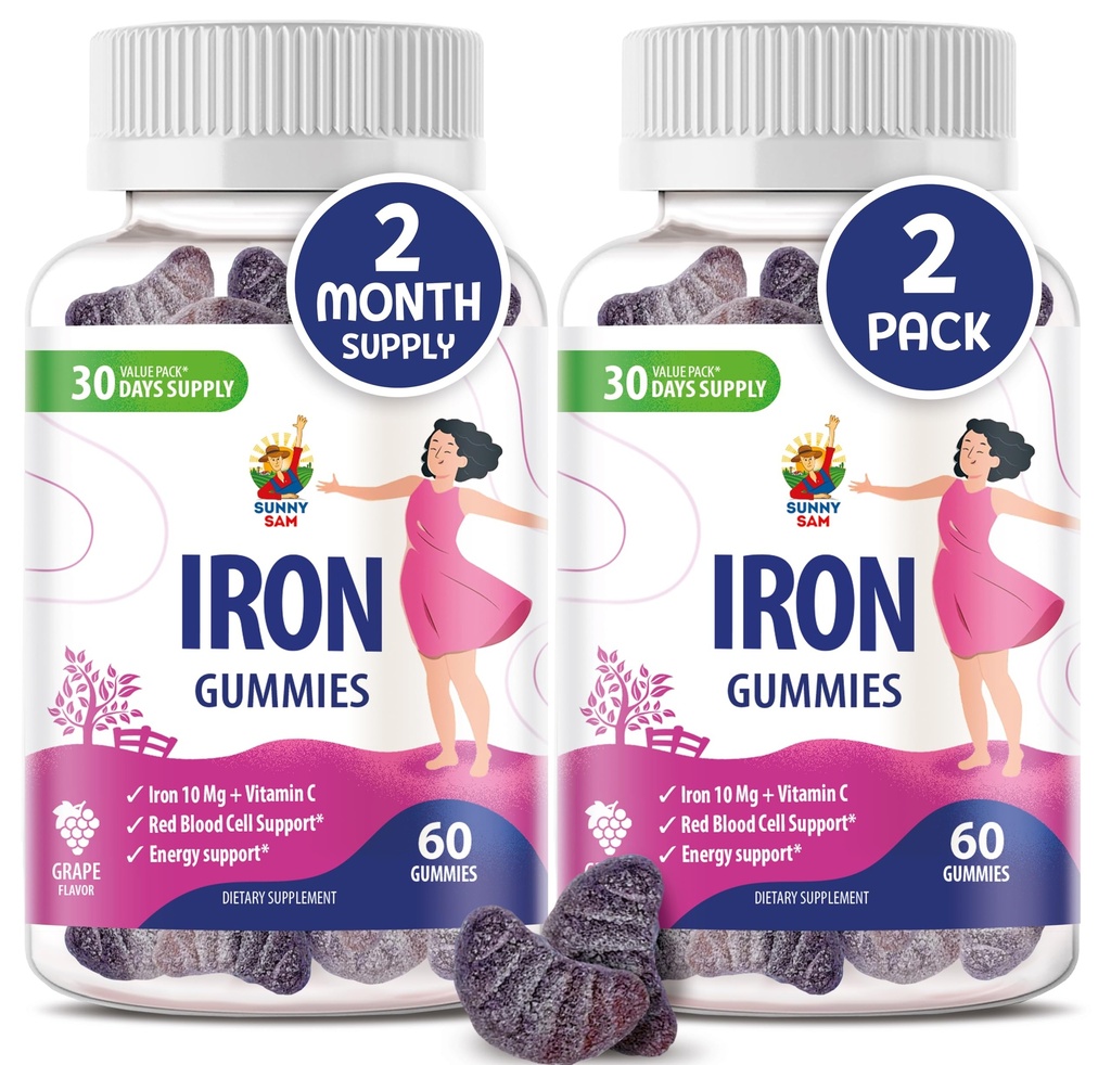 SUNNY SAM Iron Gummies for Kids & Adults - Iron Vitamins with Vitamin C, 10mg per Serving - Kauwbare Fruit Gummy for Immune Support Red Blood Cell Production