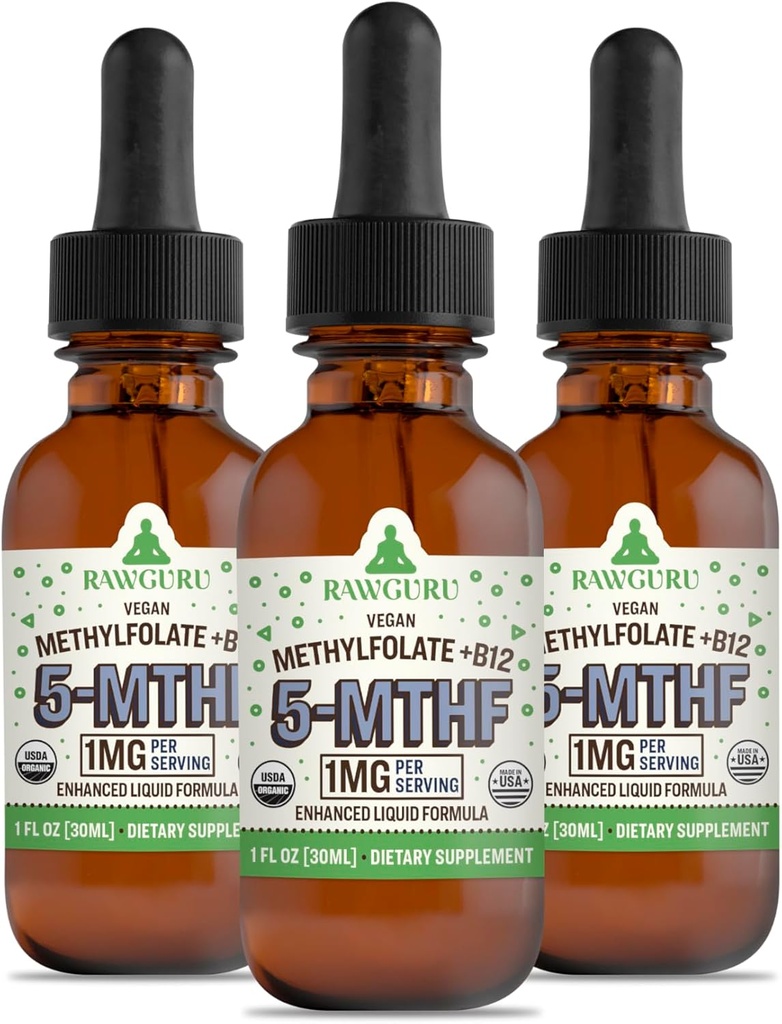 RawGuru Methylfolaat 1mg+ Vitamine B12 - Biologische Vegan Gemethyleerd B12 met sporenmineralen - Nano-Processed & Enhanced Liquid Formula - 300 porties Vegan Drops per 30 ml, Verpakking van 3