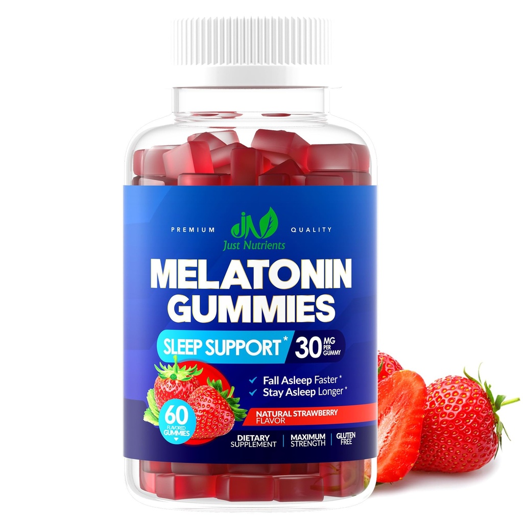 Melatonine 30mg Gummies voor volwassenen (60 porties) - Maximale sterkte Slaap Ondersteuning met 30mg Melatonine Per Gummy - Glutenvrij, Suikervrij, Non-GMO, 100% Vegetarisch, Aardbei smaak - 60 Gummies
