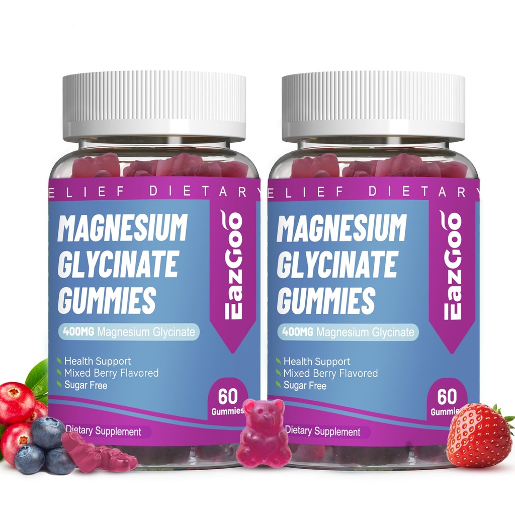 Magnesium Glycinate Gummies 400mg met L-Threonine 200mg - Sugar-Free Magnesium Kalium Supplement met Vitamine D, B6, CoQ10 voor Spier - 120 gemengde Berry Flavored Gummies