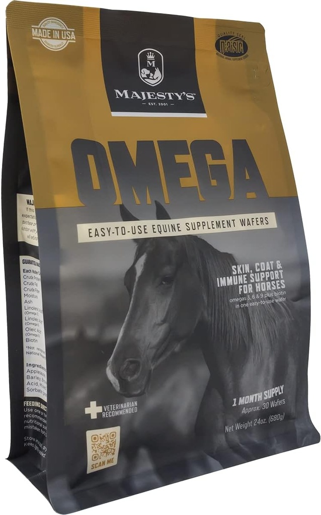 Majesty's Omega Wafers - Superior Horse / Equine Skin, Coat, en Immune Support Supplement - Omega 3, 6, 9, en Biotin - 30 Tel (1 maand levering)