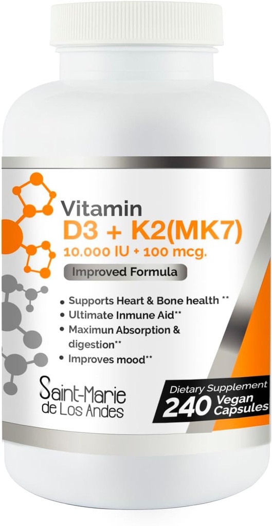 Vitamine D3 10.000 IE K2/MK7 100 mcg. Niet-GMO voor bot-, hart- en immuunondersteuning.