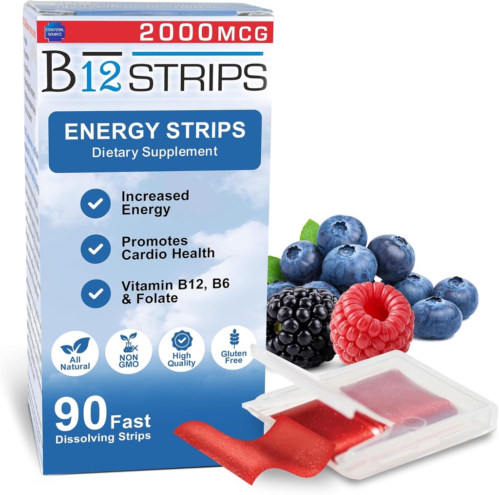 Essentiële Bron 2.000 mcg Methylcobalamine Vitamine B12 Sublinguale Energie Strips Biotin, B6, 5-MTHF L-Methyl-Entmateriaal Sublinguale B12 Vitaminen, Folate, Energie, Hersengezondheid, Zenuwfunctie - 90 Strips