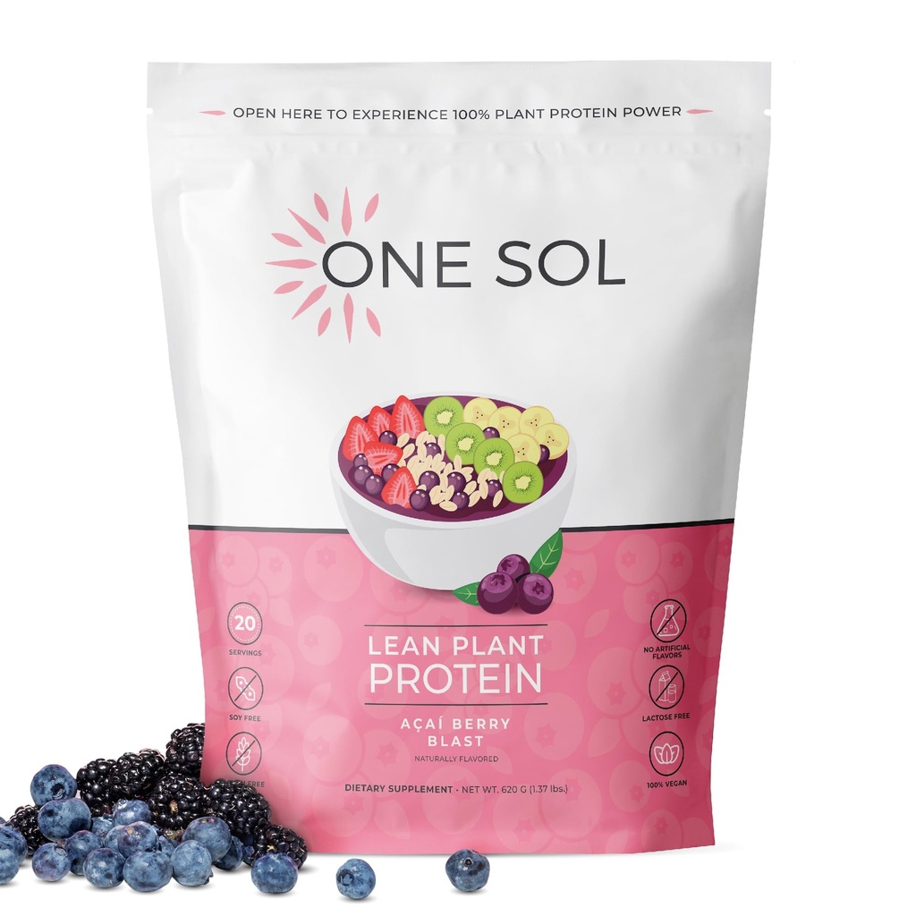 One Sol Lean Plant Based Protein Powder, Pea & Brown Rice Protein, Low Carb, Vegan Friendly - Gluten, Lactose, & Soy Free - No Added Sugar, Non-GMO, Clean Nutrition, No Bloating (Acai Berry Blast)