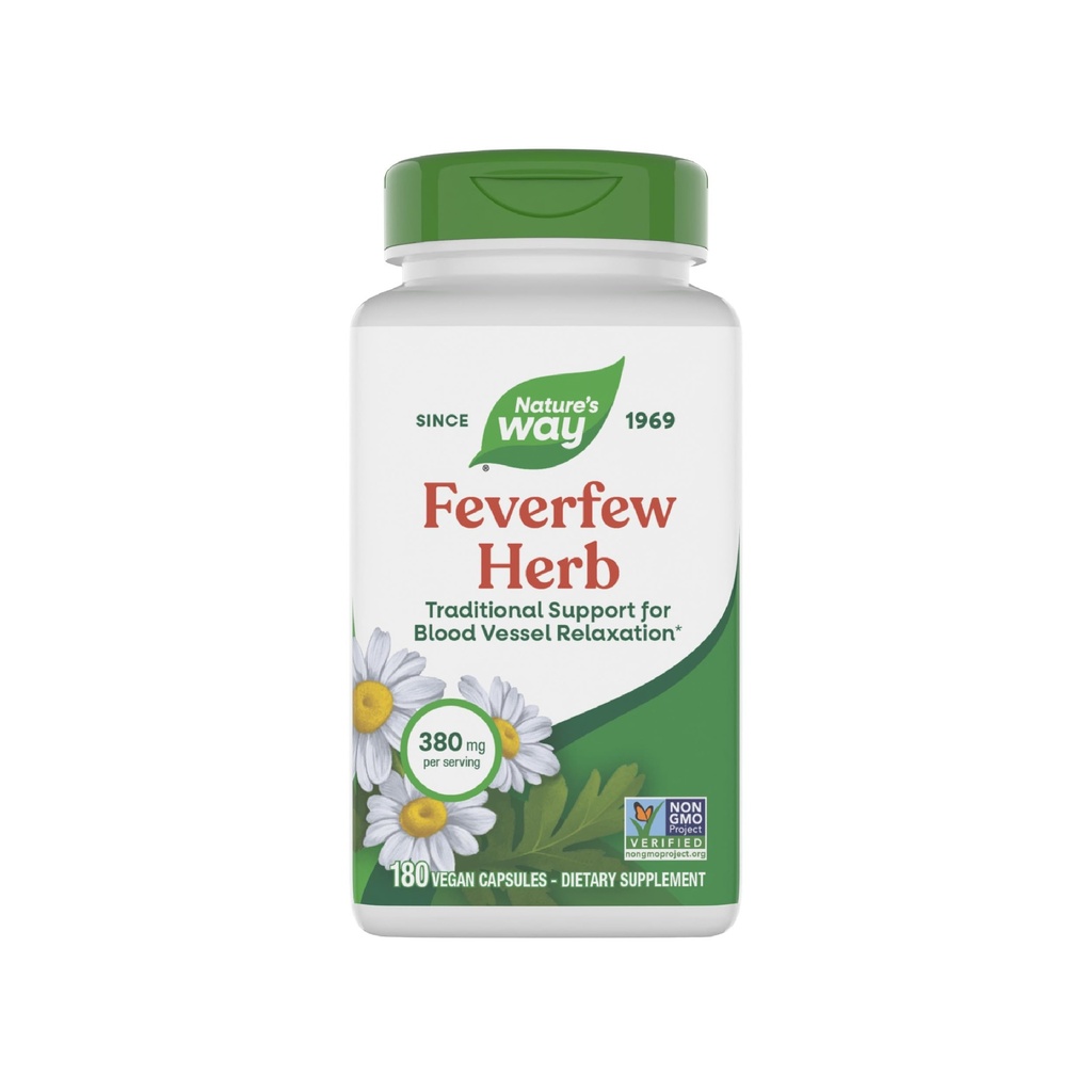 Nature's Way Feverfew Herb, Traditional Support for Blood Vessel Relaxation*, 380 mg per Serving, Non-GMO Project Verified, 180 Vegan Feverfew Capsules (Verpakking mei Vary)