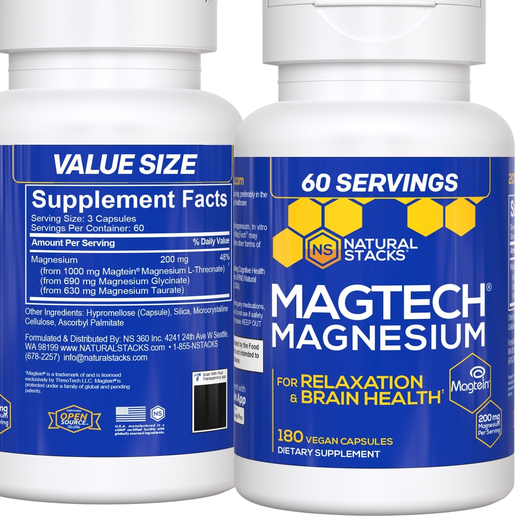 MagTech Magnesium Supplement - 3 Forms of Magnesium: Magtein L-Threonate, Glycinate & Taurate - 200mg Chelated Magnesium Complex - Supports Relaxation & Brain Health - 180 Capsules