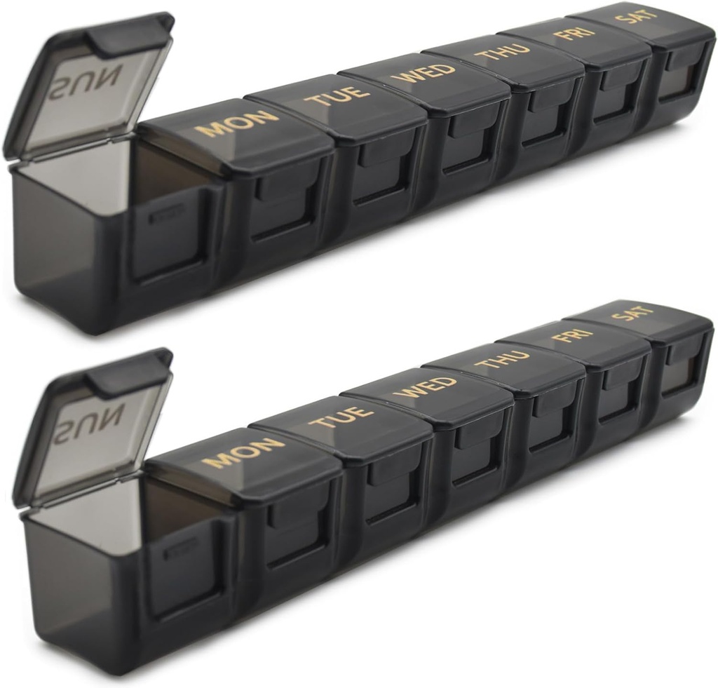 2 Pack Weekly Pillen Organisator, Grote 7 dagen pil geval, Dagelijkse Vitamine Case Medicine Box, AM/PM Pillen Containers voor Medicine Supplementen Visolie (zwart & zwart)