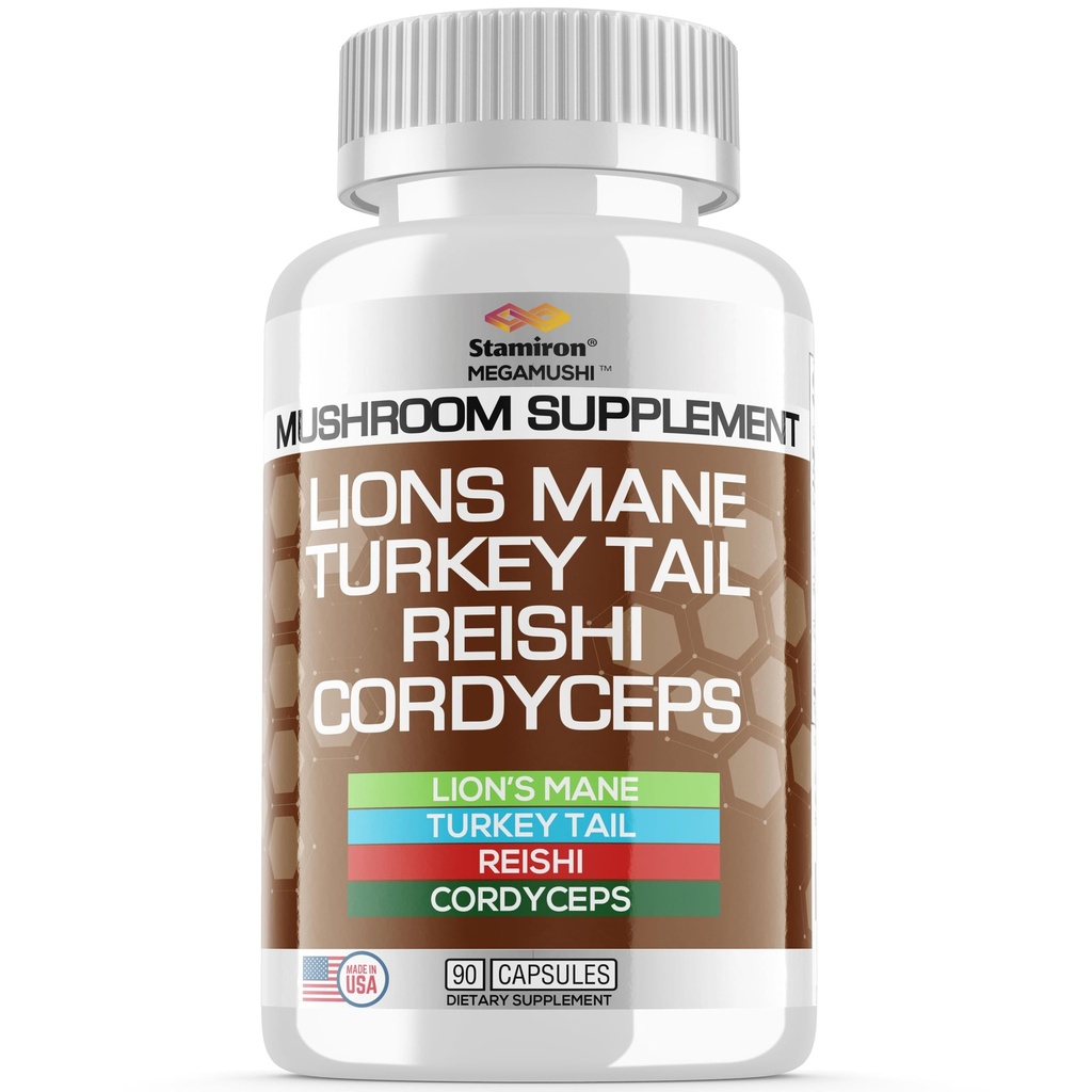 Stamiron Lions Mane supplement Turkije staart Paddestoelen Capsules met Cordyceps Extract & Reishi Paddenstoelen - Alt to Mushroom Gummies, Paddestoelpoeder, Paddestoel Koffie - 90 Tellen