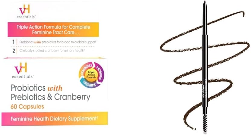vH essentials Probiotica met Prebiotica en Cranberry Vrouwelijke Health Supplement 60 Capsules en natte n wilde Ultimate Brow Micro Eyebrow Intrekbare Potlood Donker Bruin Ultra Fine 1.5mm Tip
