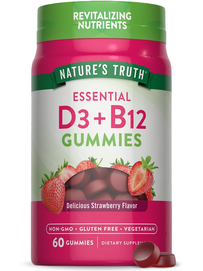 Nature's Truth Vitamin D3 and B12 Gummies for Adults | 60 Count | Strawberry Flavor | Vegetarian, Non-GMO & Gluten Free Supplement