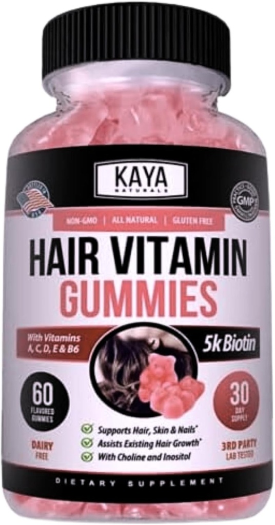 Kaya Naturals Hair Growth Gummies - Biotin 5000mcg Vitaminen voor gezond haar, huid en nagels - Beauty Supplement voor vrouwen of mannen - 60 Tel - Blueberry Flavor