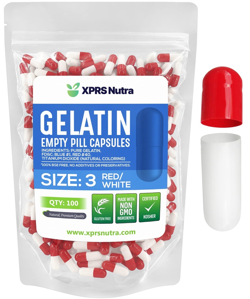 XPRS Nutra Maat 3 Lege Capsules - 100 Telle Lege Gelatine Capsules - Pillen DIY Capsule Vulling - Pure Bovine Pill Gel Caps Vulbare Do-It-Yourself Vitaminen en Supplementen (Rood/Wit)