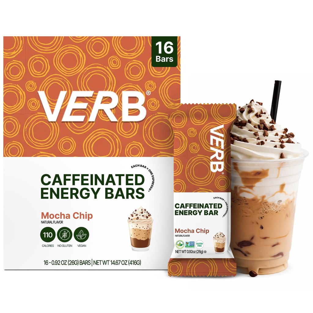 Verb Cafeïnated Energy Bars Mocha Chip (26g, Pack of 16) 110-Calorie Delicious Low Sugar Energy Bar - Vegan Glutenvrij On-the Go Snack met 80mg Groene Thee Cafeïne, Alleen Real-Food Ingrediënten
