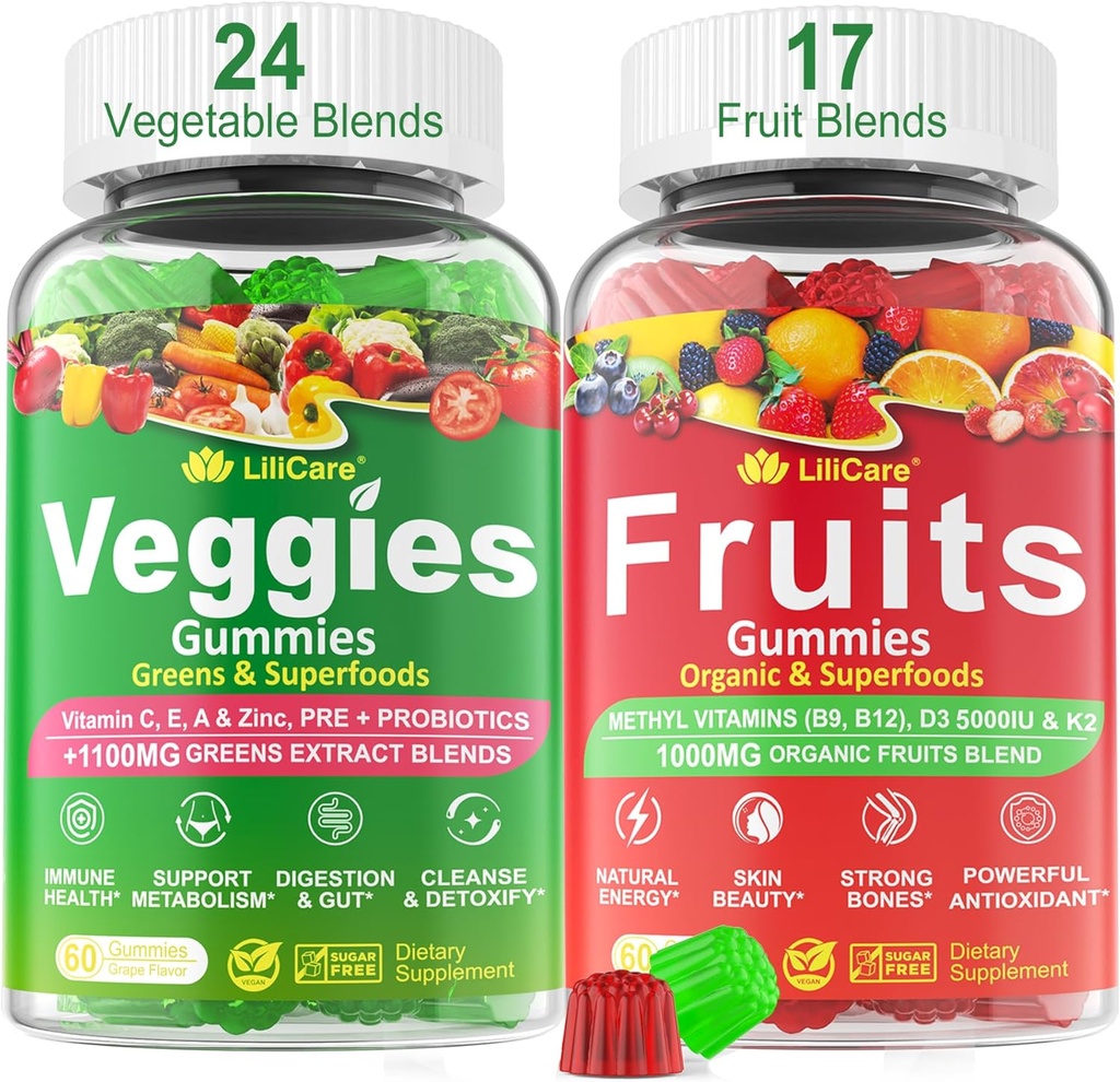 Suikervrije groenten en fruit Gummies w/D3K2, B9, B12, Magnesium, 41+ Natural Superfood Fruit en groenten Supplement voor Digestieve & Gut Support, Energie, Nutriënt Balance, Antioxidant Non-GMO 2pack