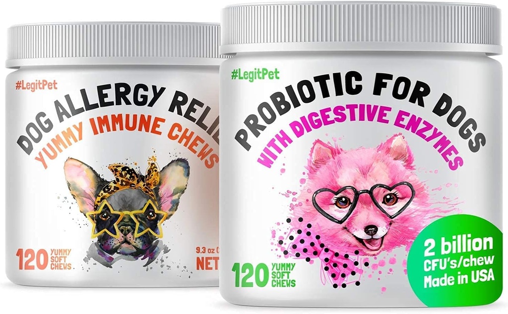 LEGITPET Allergie Relief Kauwen voor honden & Immune Ondersteuning met Kelp, Colostrum & Bee Pollen 120 Zachte Kauwen en Probiotica voor honden met natuurlijke spijsvertering Enzymen 120 Zachte Kauwen Bundle - Made in USA