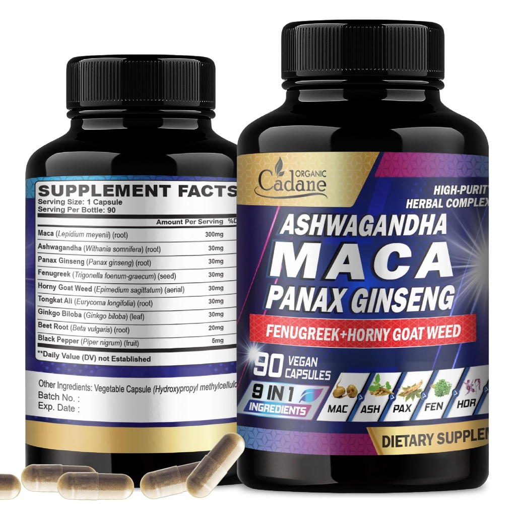 Biologische Cadane Maca Root, Ashwagandha, Panax Ginseng Supplement - 90 Capsules 3 Maanden met Fenegriek, Tongkat Ali & More - Steun energieproductie & Immuniteit