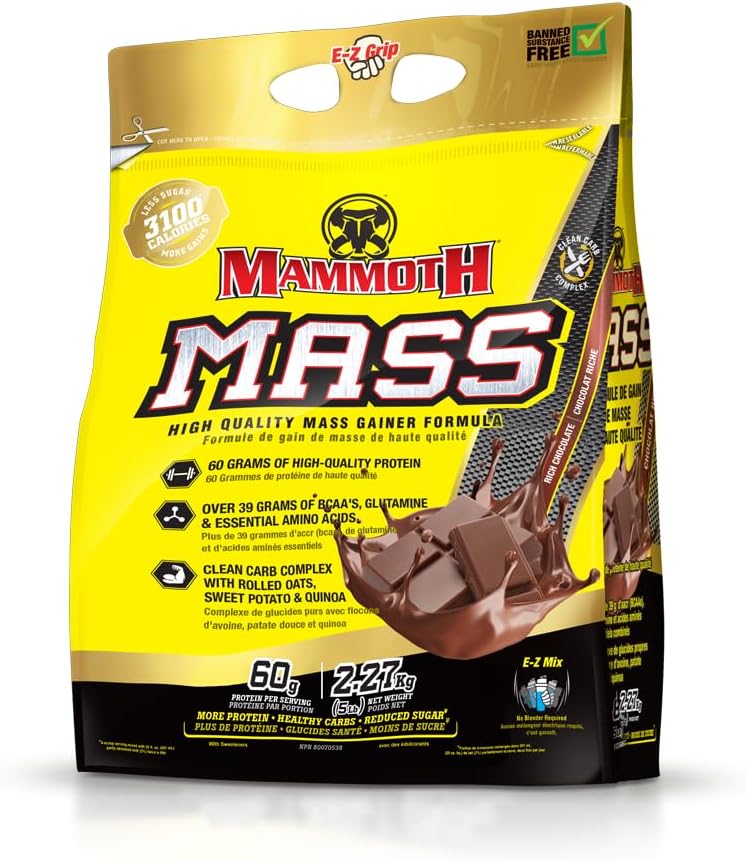 Mammoth Mass: Gewicht Gainer, Hoge Calorie Proteïne Poeder Workout Smoothie Shake, Lage Suiker, Wei Isolaat Concentraat, Caseïne Proteïne Blend, Gewicht Training, Hoog Proteïne (Chocolaat, 5lb)