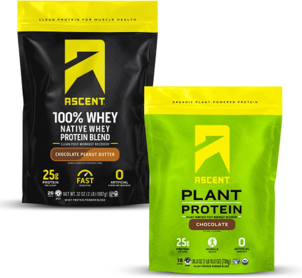 Ascent Whey + Plant Proteïne Poeder - Chocolade Pindakaas 2 lb & Chocolate 18 Servers