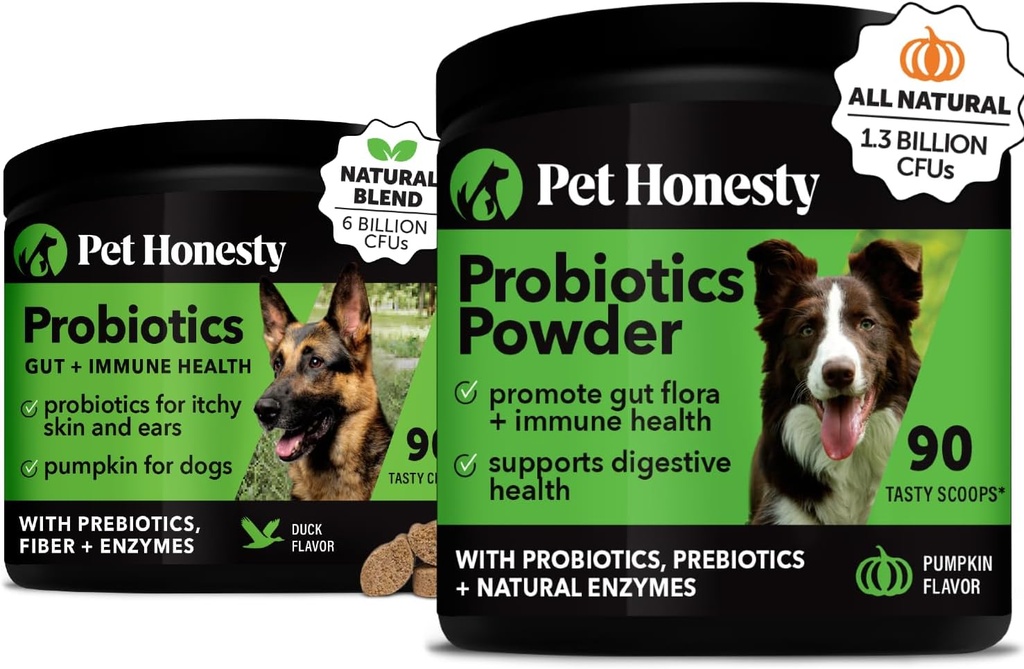 Probiotica Bundle: Hondenprobiotica voor diarree & Bowel Ondersteuning Kauwen & poeder met digestieve enzymen voor Gut Health (Duck 90 ct)