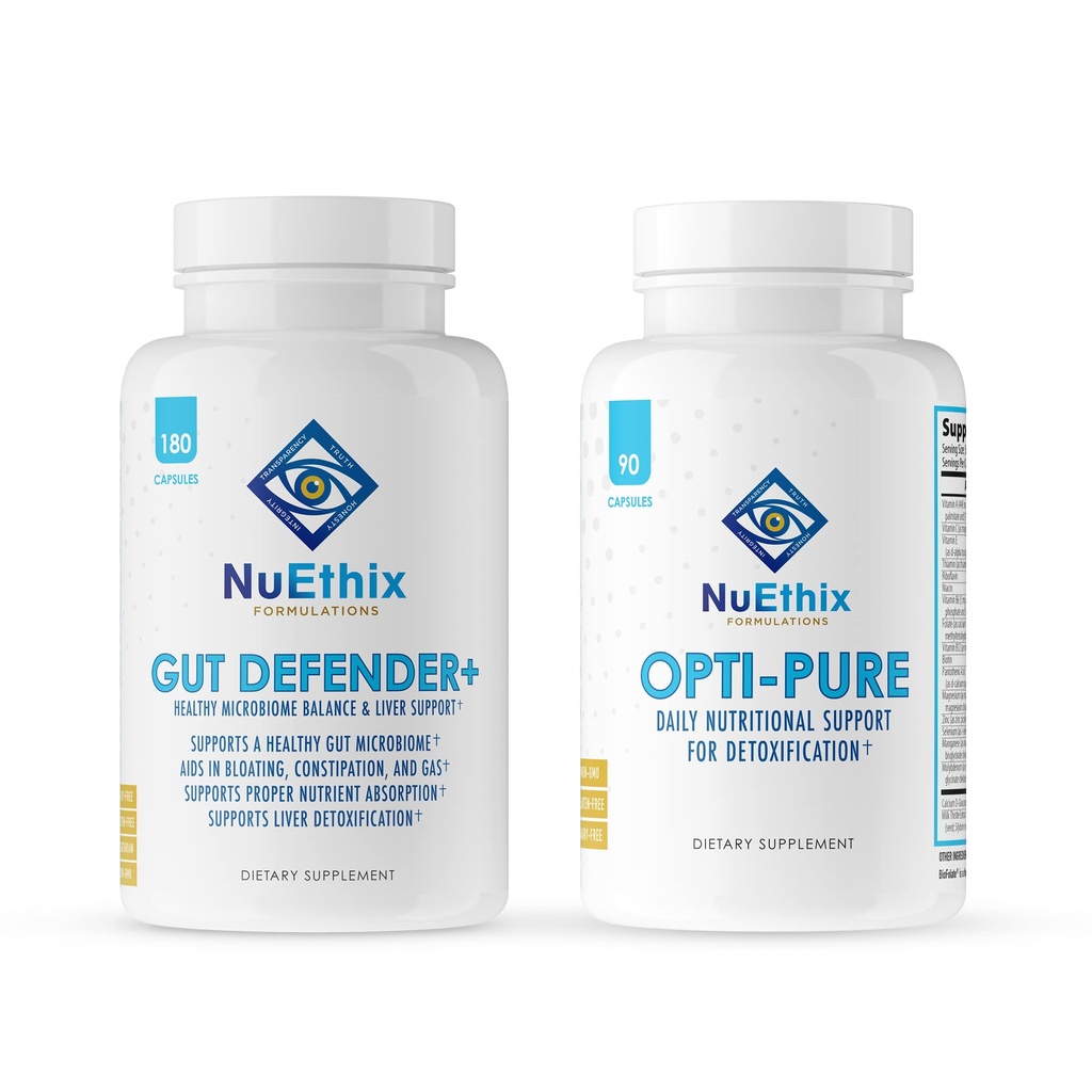 NuEthix Formuleringen Ontgifting en Microbiome Balance Supplement bundel Opti-Pure, 30 porties en Gut Defender+, 90 porties