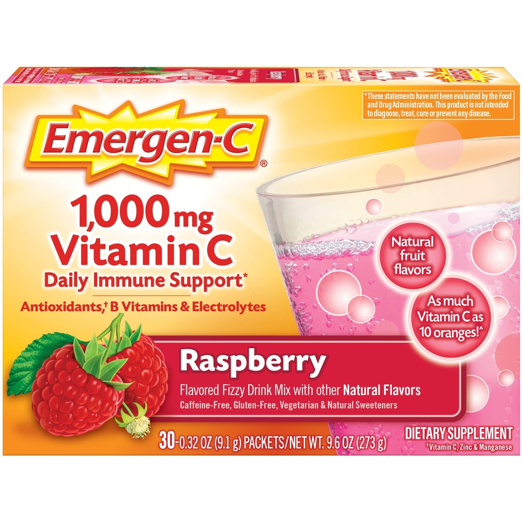 Emergen-C 1000mg Vitamine C Immune Ondersteuning Poeder Raspberry 30CT bevat zink, Mangaan, 7 B Vitaminen en Elektrolyten voor Terug naar School Essentials