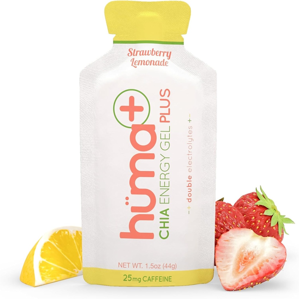 Huma Plus (Double Electrolytes) - Chia Energy Gel, Strawberry Lemonade, 24 Gels, 25mg Caffeine - Stomach Friendly, Real Food Energy Gels