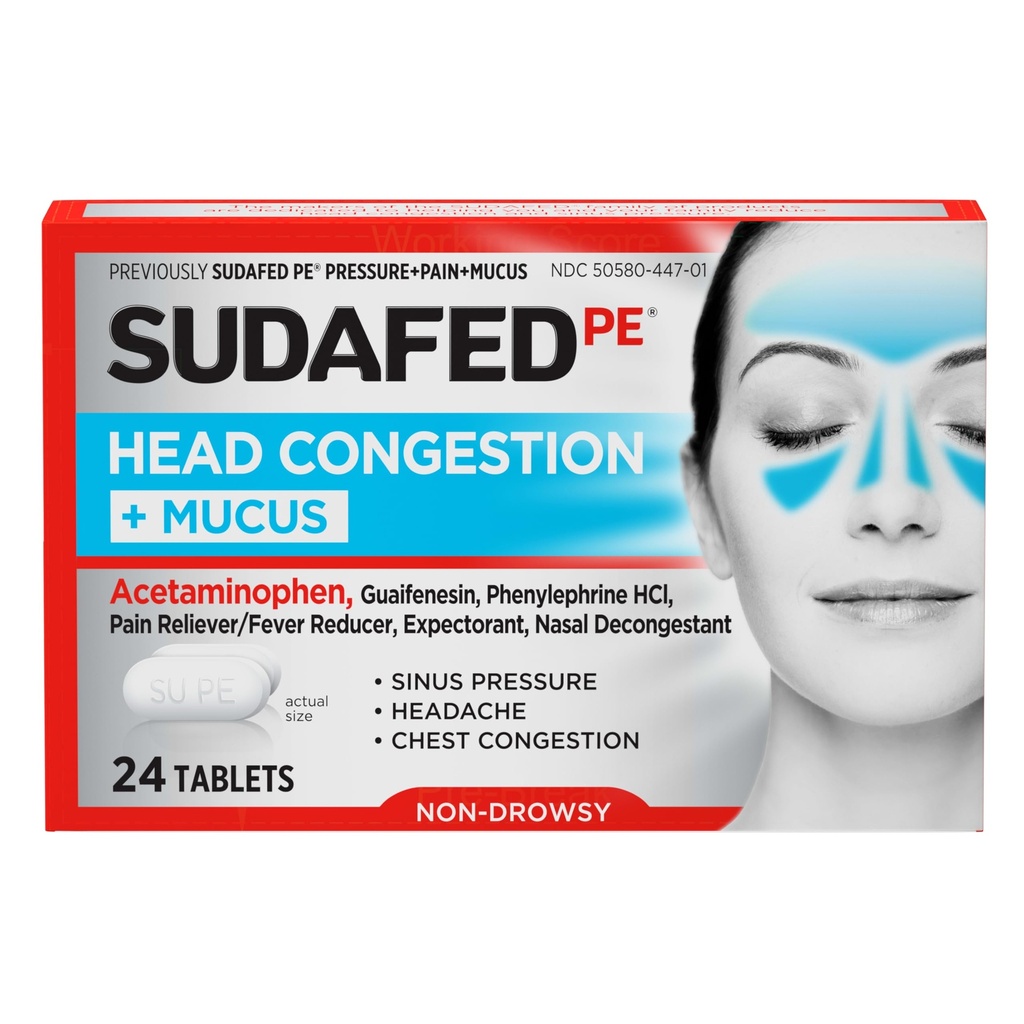Sudafed PE hoofdcongestie + slijm Relief Tablets for Sinus Pressure, Congestie, & Heather, Non-Drowsy Decongestant with Acetaminophen, Guaifenesin & Phenylefrine HCI, 24 ct