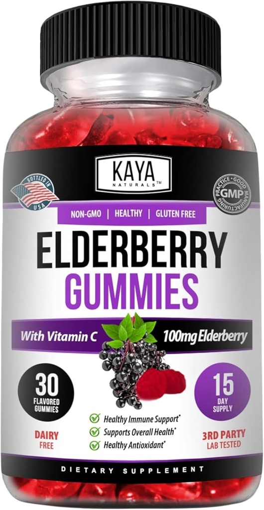 Kaya Naturals Immune Support Vegetarian Vitamin Gummy, Zinc, Vitamin C, Elderberry, Vitamin E, Lemon Flavor (30 Gummies)