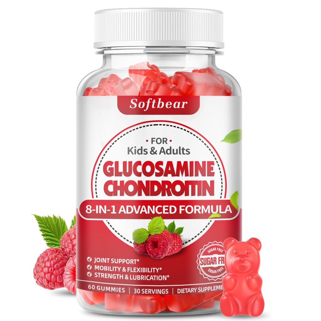 softbear Glucosamine Chondroitin Gummies, Sugar Free Glucosamine Chondroitin MSM Supplement met Vlierbes Kurkuma Ondersteunt Joint Health & Antioxidant, Raspberry Flavored 60 Tellen