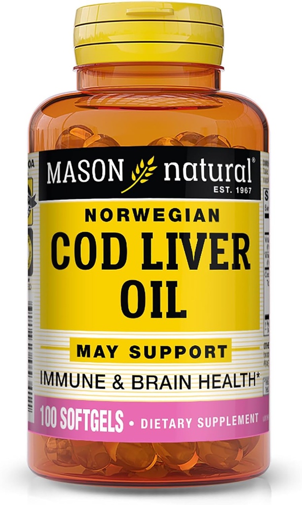 MASON NATURAL Cod Liver Oil Plus Vitamin A & D3 - Healthy Heart and Brain Function, Improved Immunity, Supports Overall Health, 100 Softgels