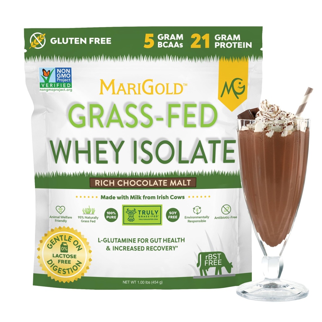 MariGold Grass-gevoed Wei Protein Isolaat Poeder - Rijke chocolade Malt smaak - 1 Lb 