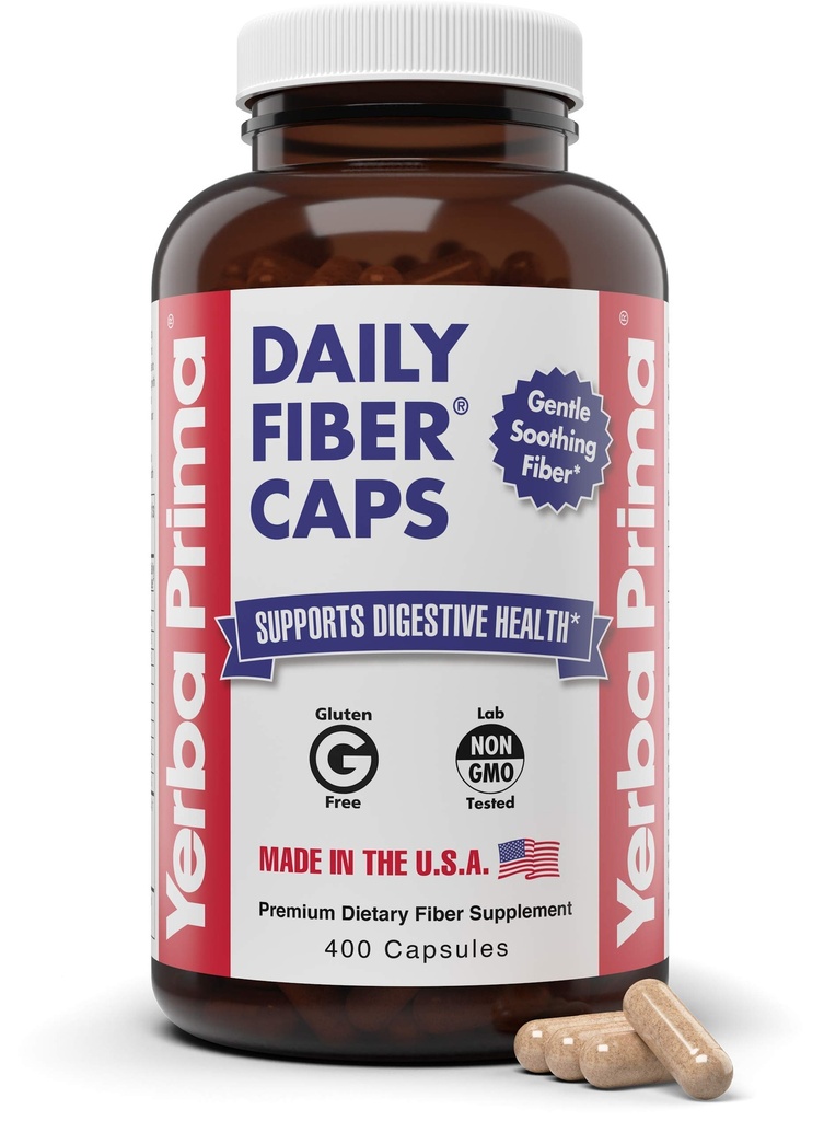Yerba Prima Daily Fiber Caps Formula, 400 capsules - zowel oplosbaar als onoplosbaar - met Psyllium Seed Husks, Acacia Gum, Apple Fiber en meer - Dieetsupplement