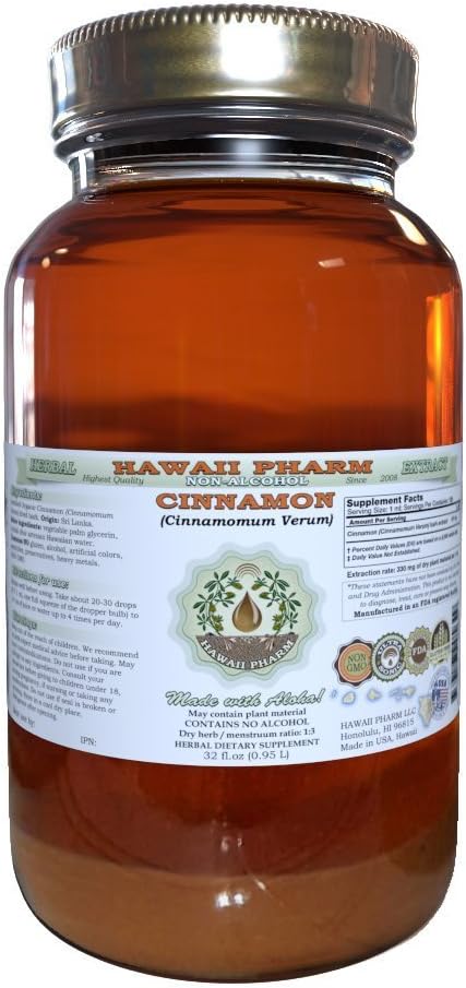 Kaneel Alcoholvrije Liquid Extract, Kaneel (Cinnamomum Verum) Gedroogde Bark Glycerite Hawaii Pharm Natural Herbal Supplement 32 oz Ongefilterd