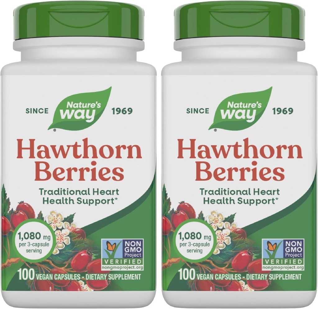 Nature's Way Herbal Hawthorn Bessen, Traditional Heart Health Support*, 100 Vegan Capsules (Packaging May Vary) (Pack of 2)